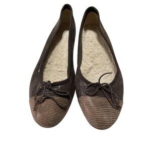 Brown Textured Ballet Flats With Bow Detail & Shearling Lining  Size 39